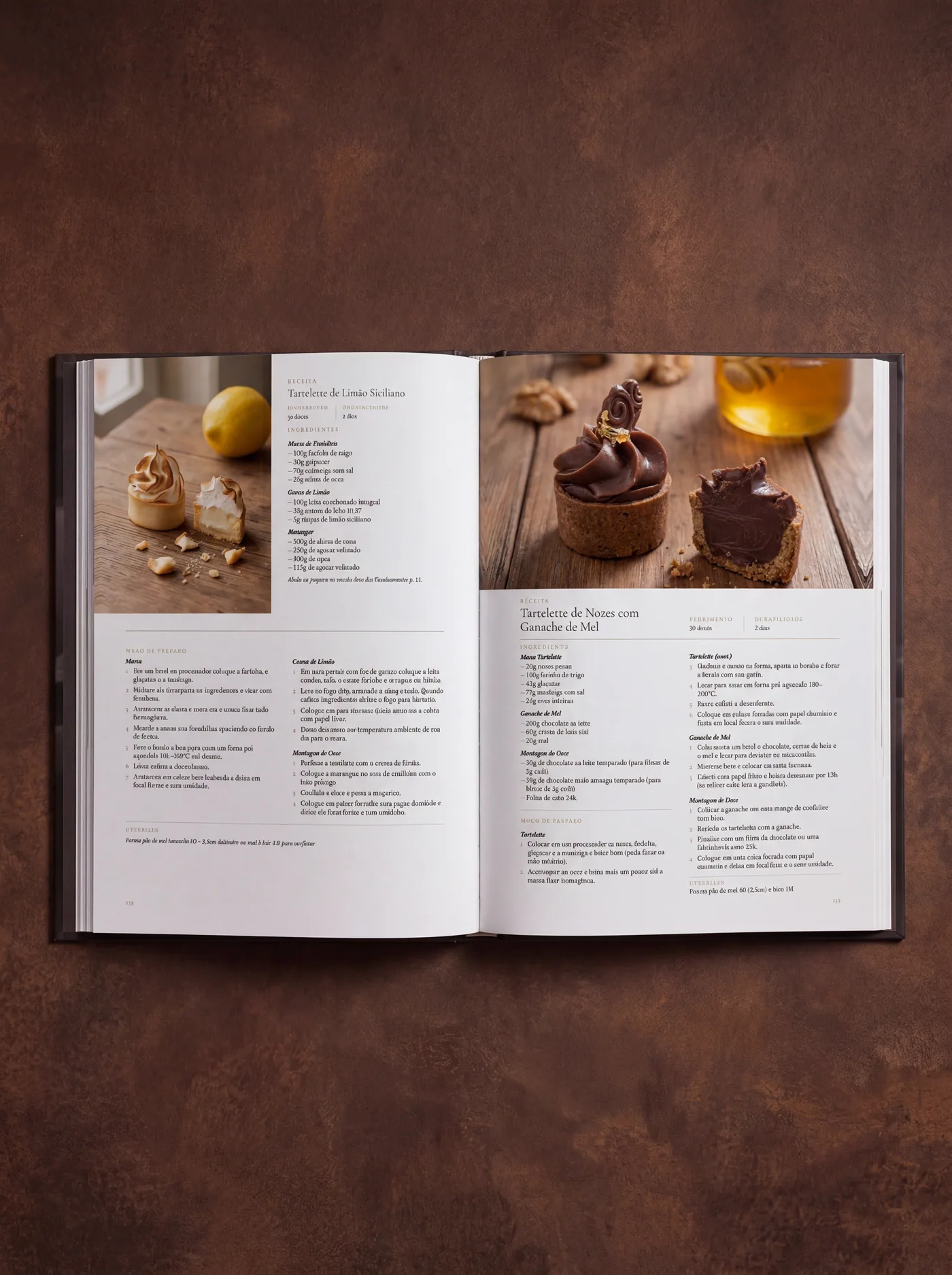 Página dupla aberta nas receitas de Tartelette de Limão Siciliano e de Nozes com Ganache de Mel.