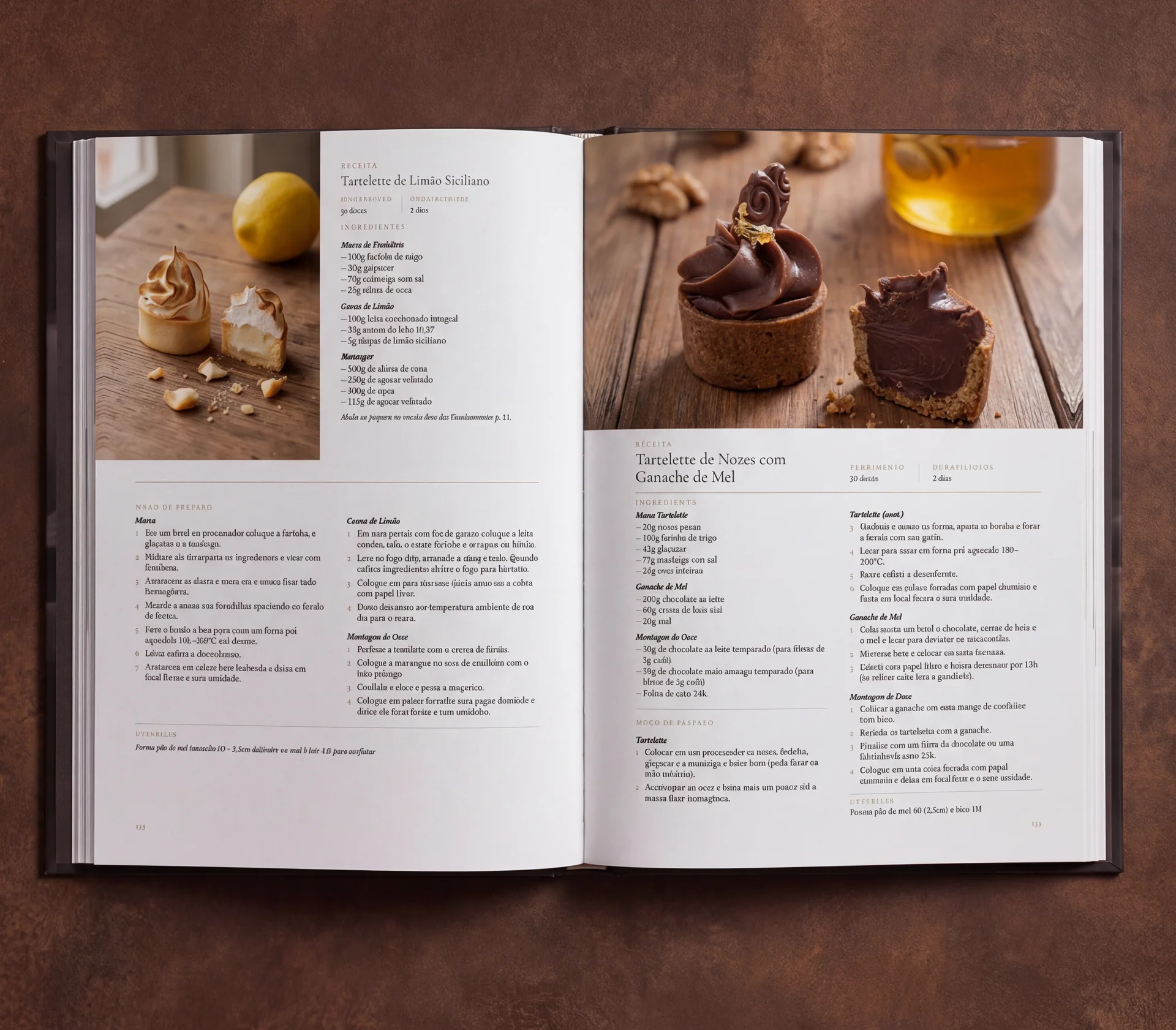 Miolo do livro aberto nas receitas de Tartelette de Limão Siciliano e de Tartelette de Nozes com Ganache de Mel.