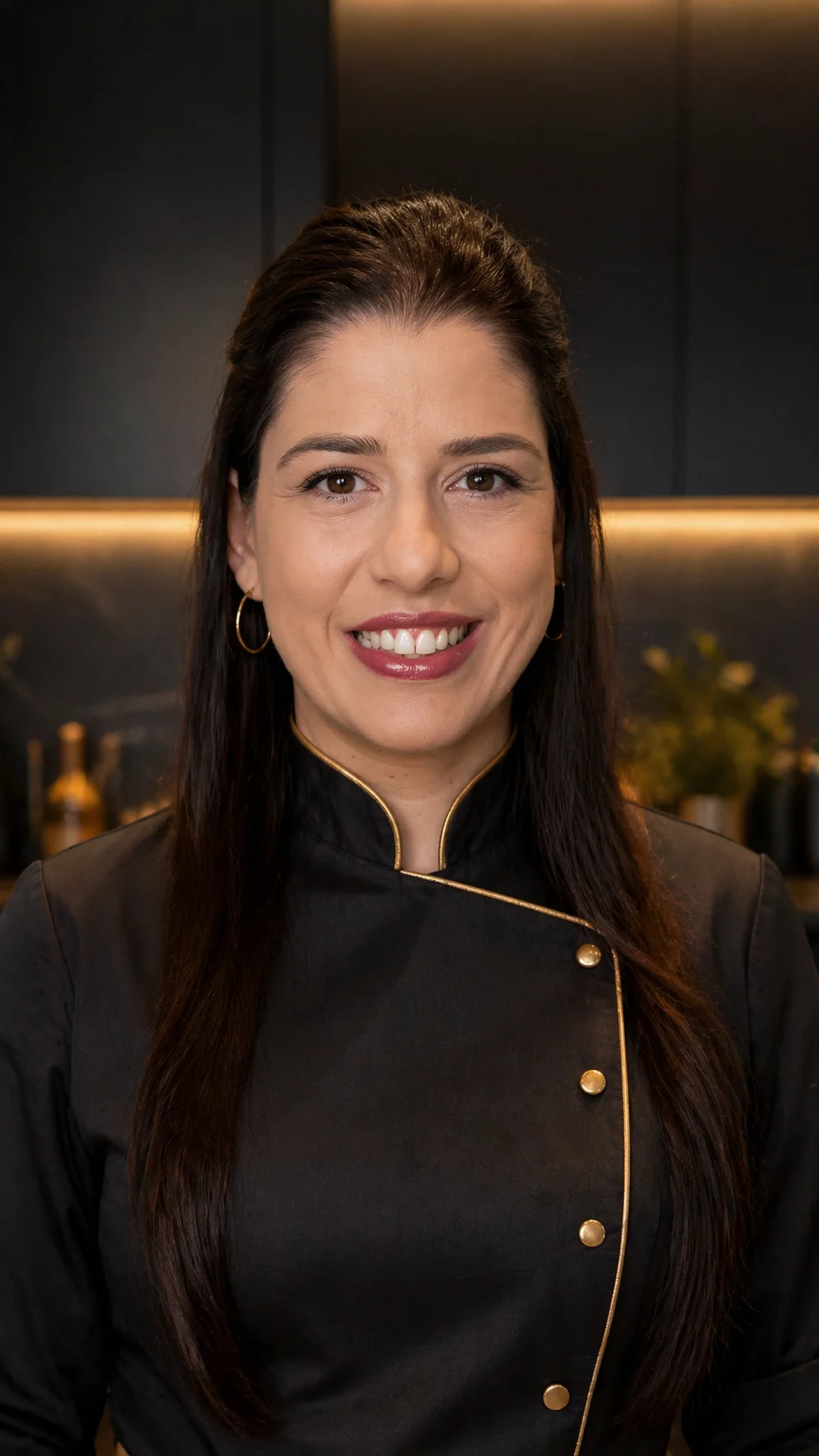 Natália Canezin de dólmã preto com vivo dourado, na cozinha da Doceria de Luxo.